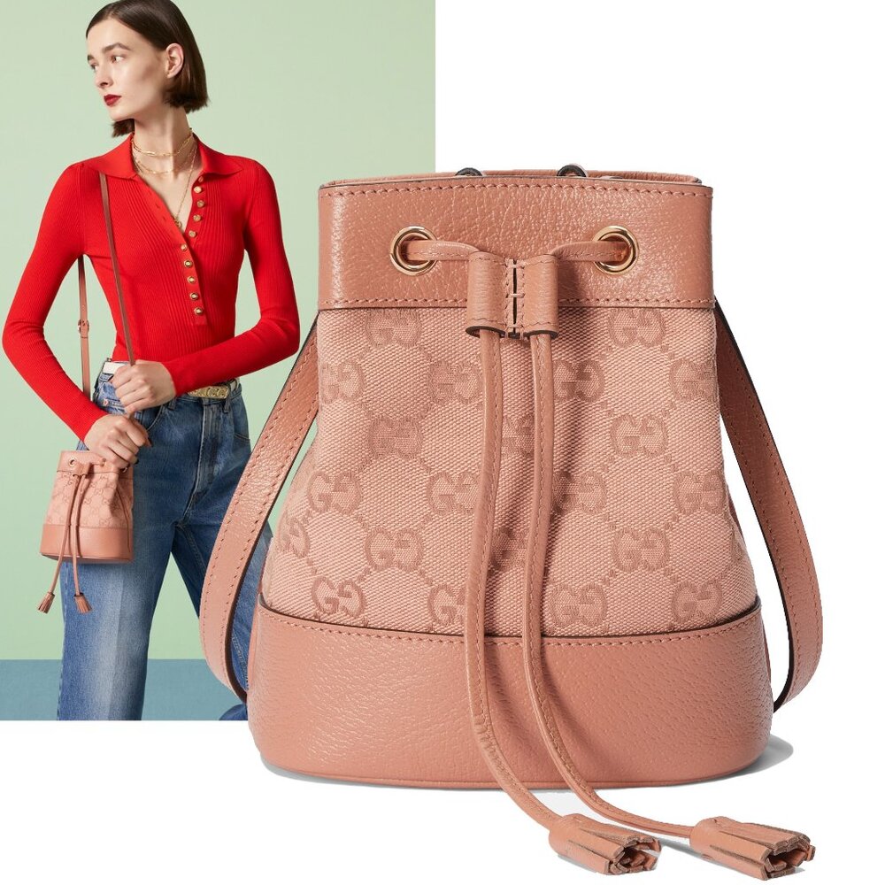 GUCCI BAG 550620 OPHIDIA MINI BUCKET PINK GG CANVAS w LONG ADJUSTABLE STRAP